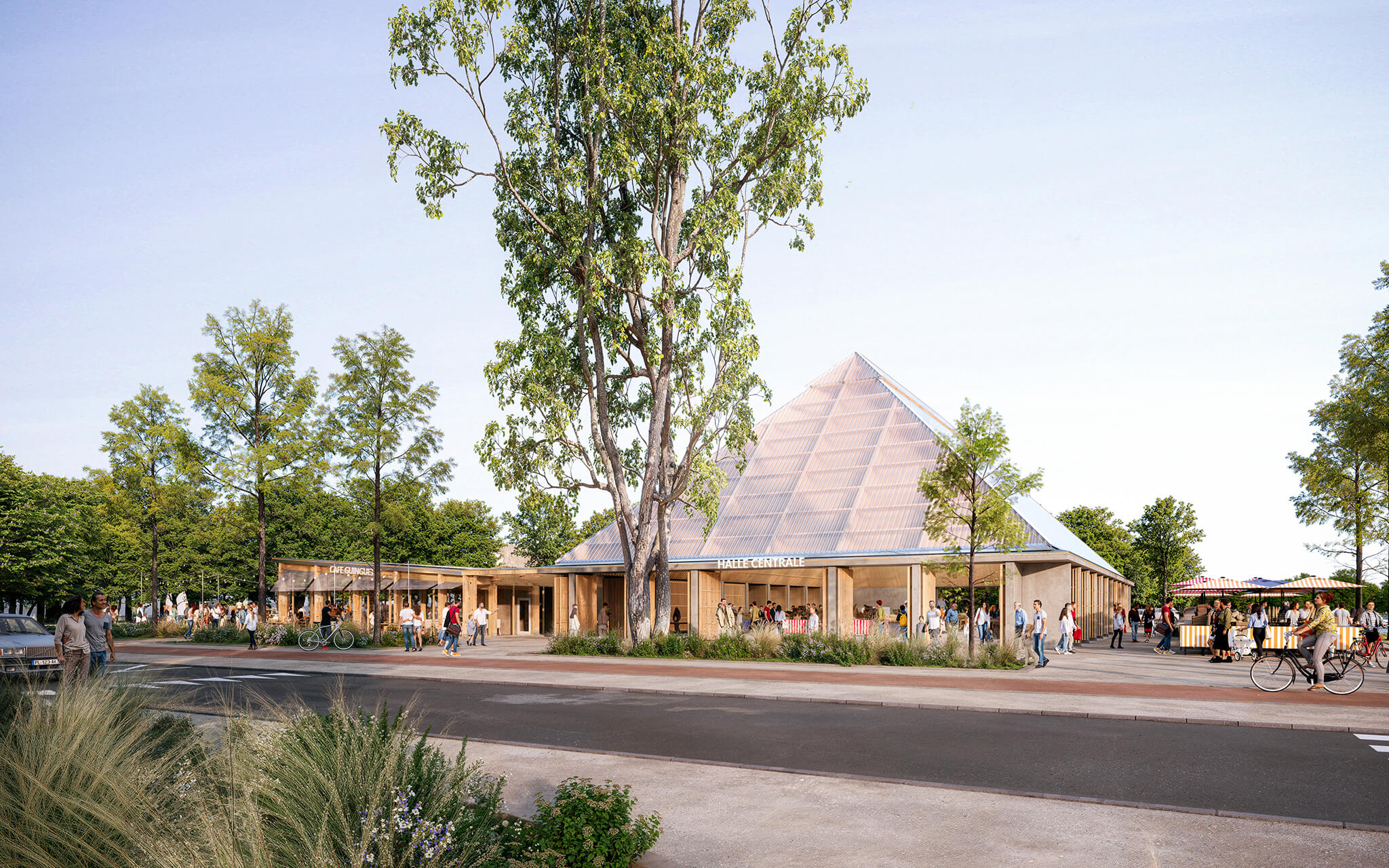 Vue prespective de l'ensemble halle de marché couverte et espace polyvalent guinguette de Carrières-sous-Poissy