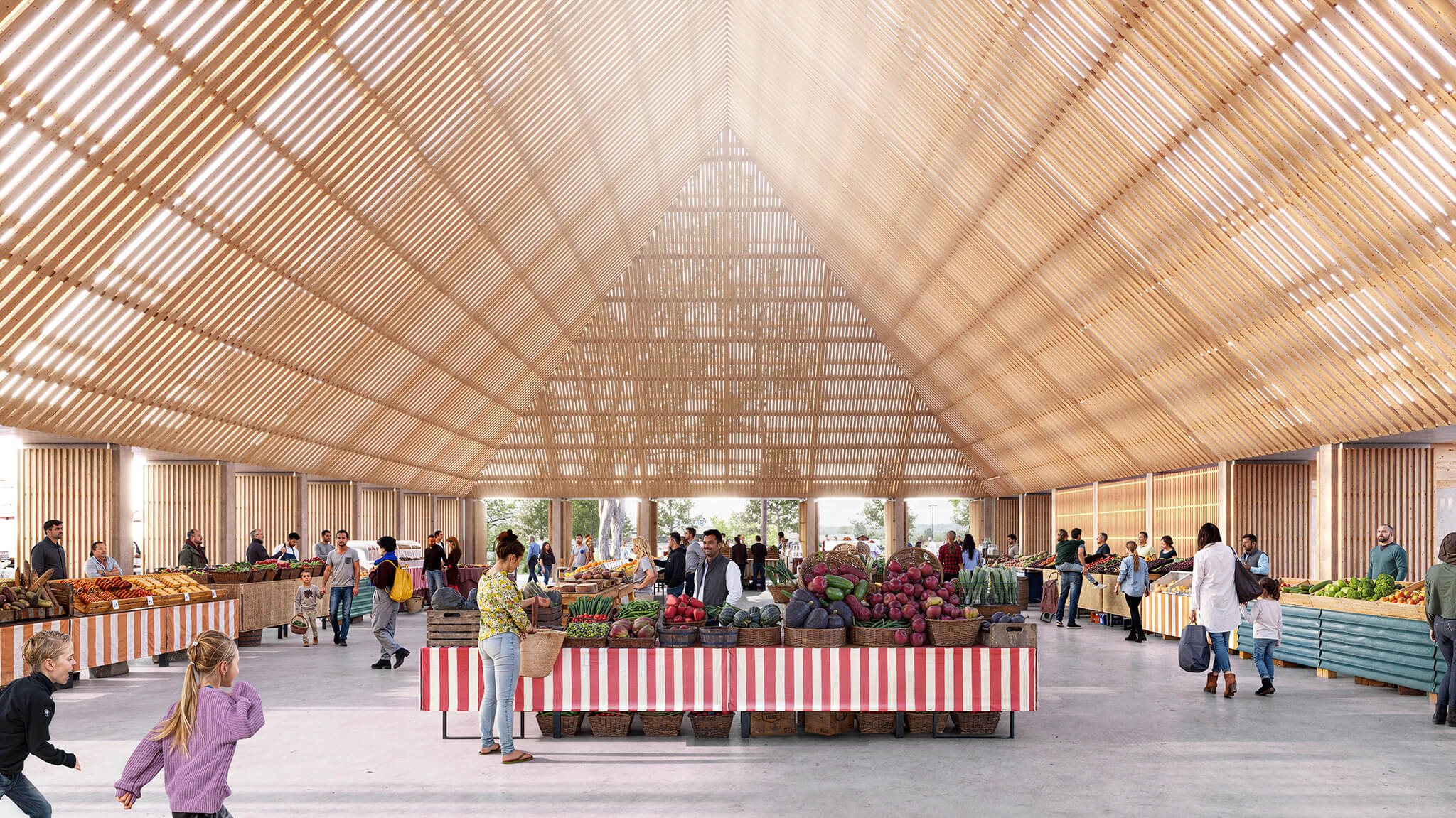 Vu intérieur de la futur halle couverte de Carrière-sous-Poissy un jour de marché.